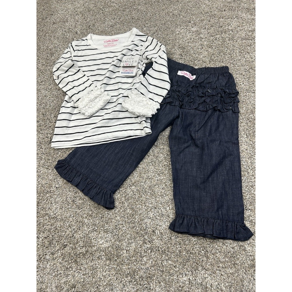 New Ruffle Butts Girl Size 2T Denim Pants Striped Shirt Ruffles #0157